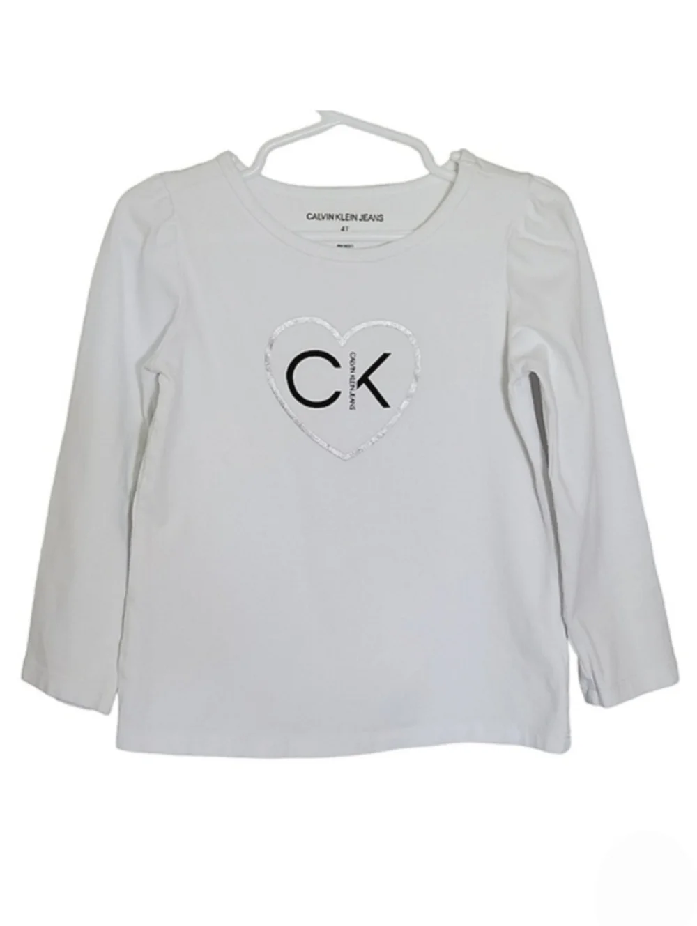 K1138 * Calvin Klein Girls Silver Heart Logo Long Sleeve Tee White Size 4T
